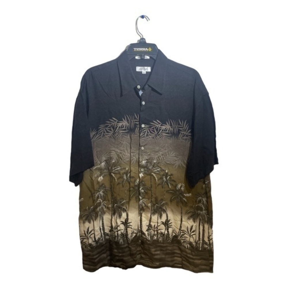 Pierre Cardin Mens Vintage Hawaiian Shirt Black Palm Tree 100% Rayon Size Large